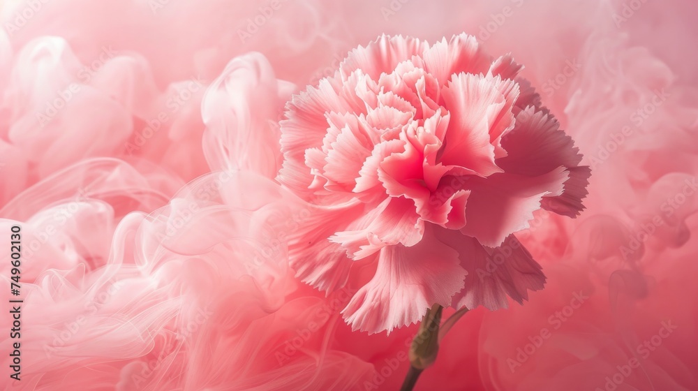 A carnation pink flower stands against a backdrop of swirling smoke. Creative abstract spring nature. Summer bloom concept