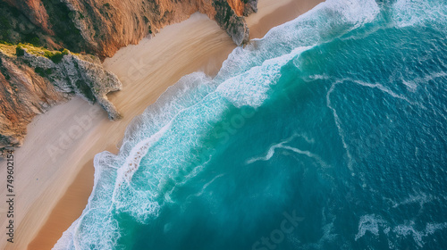Picturesque Algarve Beach Panorama, Panoramic view of a stunning Algarve beach with golden cliffs and turquoise waters.