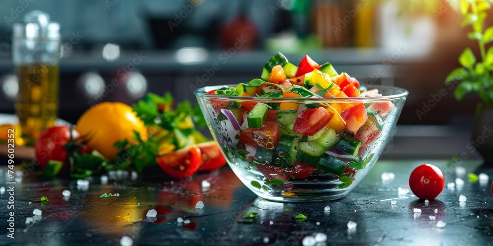 vegetable salad in a transparent plate in the kitchen Generative AI
