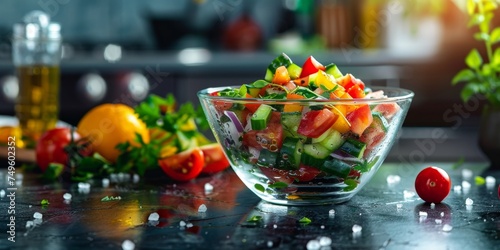 vegetable salad in a transparent plate in the kitchen Generative AI