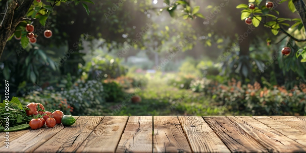 wooden table on a background of vegetable bushes Generative AI