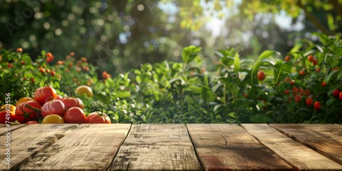 wooden table on a background of vegetable bushes Generative AI