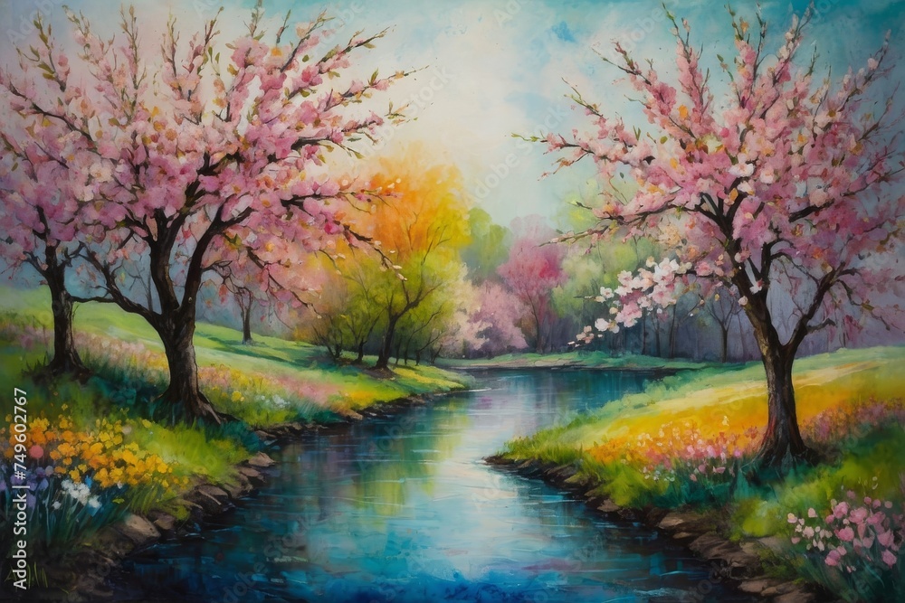 Abstract painting using oil pastels and watercolors, 
Flowering cherry trees