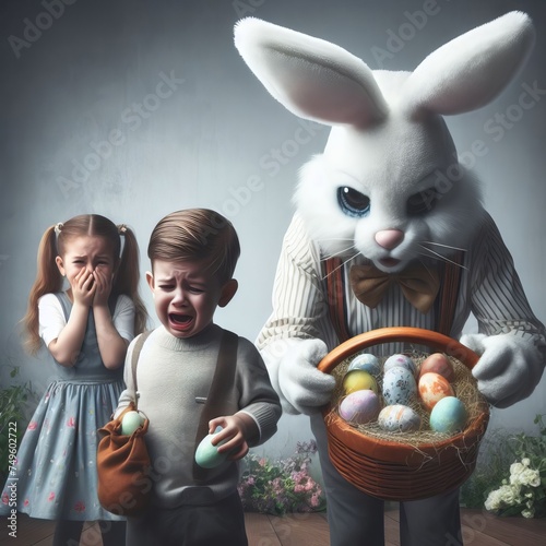 Coelho da Páscoa malvado roubando todos os ovos de páscoa das crianças, e no fundo há crianças chorando.