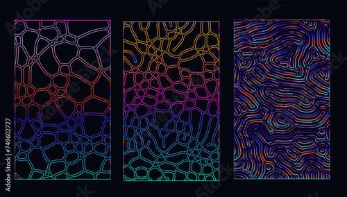 Set of holographic patterns with warped psychedelic pattern of colorful neon lines.