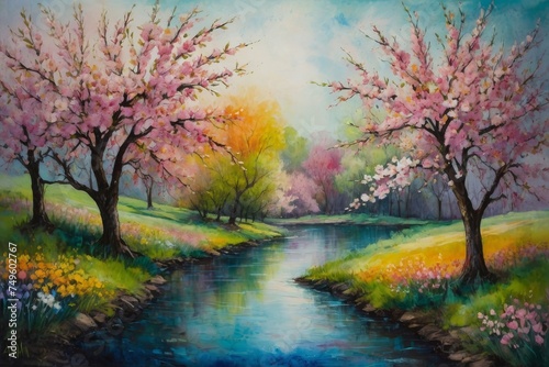Abstract painting using oil pastels and watercolors, Flowering cherry trees