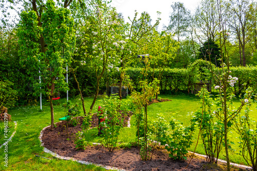 Garden with trees plants hut compost beds lawn in Germany. photo