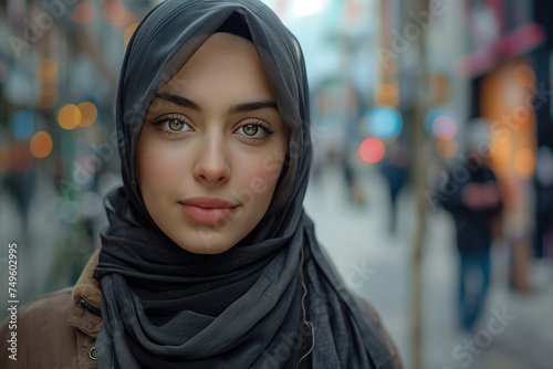 Portrait of young muslim woman wearing hijab head scarf in city while looking at camera