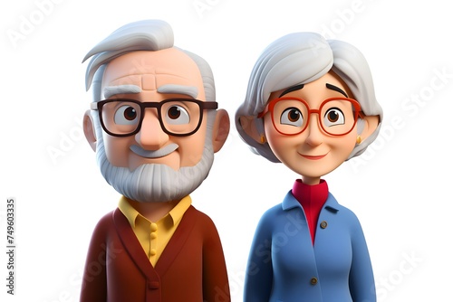 Elderly couple in 3D style. 3D avatar of pensioners. Happy Grandparents Day