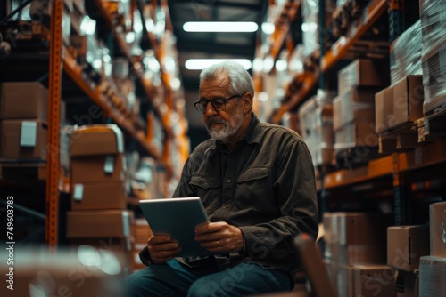 Man Using Tablet in Warehouse
