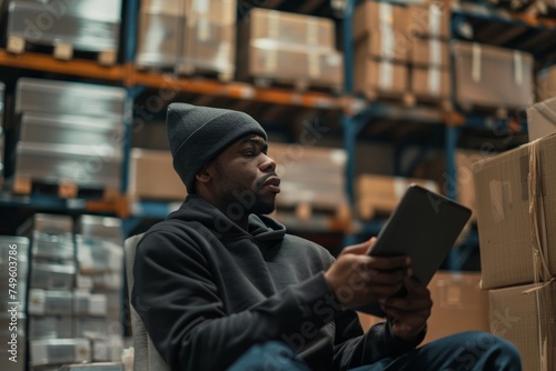 Man Sitting in Warehouse Using Tablet