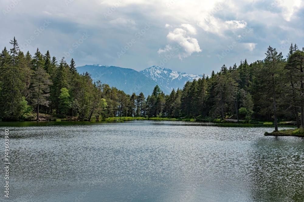 View over the moeser lake to the alpes at moesern, tirol, Austria
