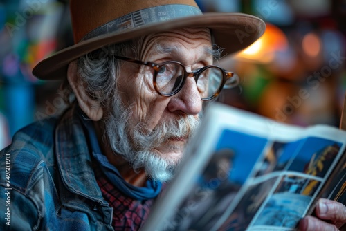 Man With Hat and Glasses Reading Newspaper