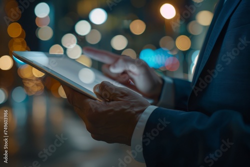 Businessman in Suit Holding Tablet