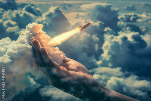 Hand Holding Rocket in Sky © Ilugram