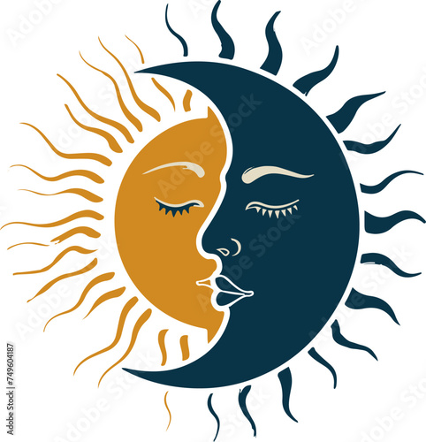 Intricate Sun and Moon Embrace Depicting Day and Night Harmony vector