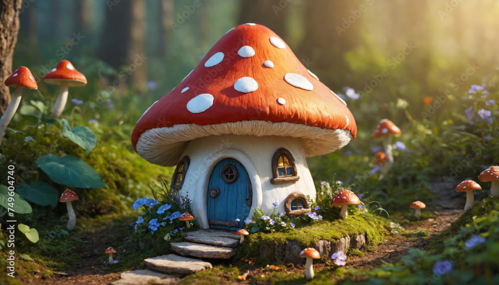 Fototapeta premium A charming mushroom house with a wooden door, located on a lush hillside, surrounded by smaller mushrooms, in the warm rays of the rising sun. A fabulous illustration.