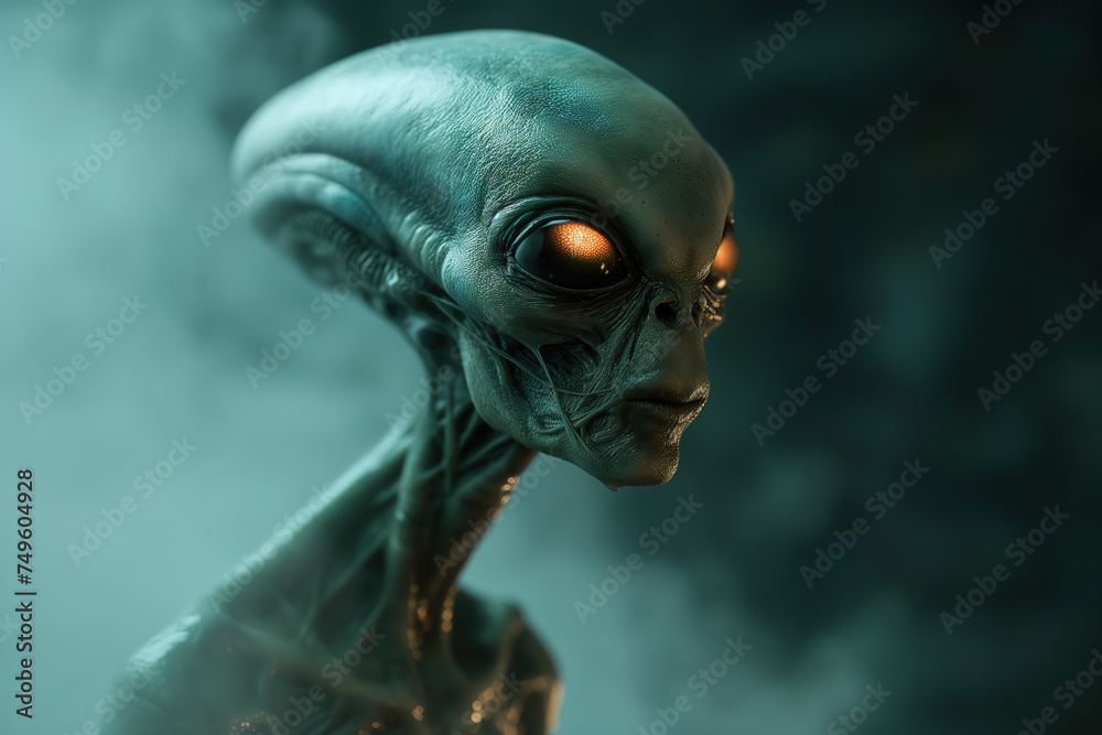 Scary gray alien and looks blinking on a dark smoky background. UFO futuristic concept Scary gray alien and looks blinking on a dark smoky background. UFO futuristic concept