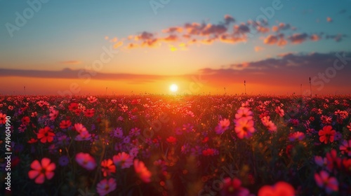 Sun Setting Over Wildflower Field