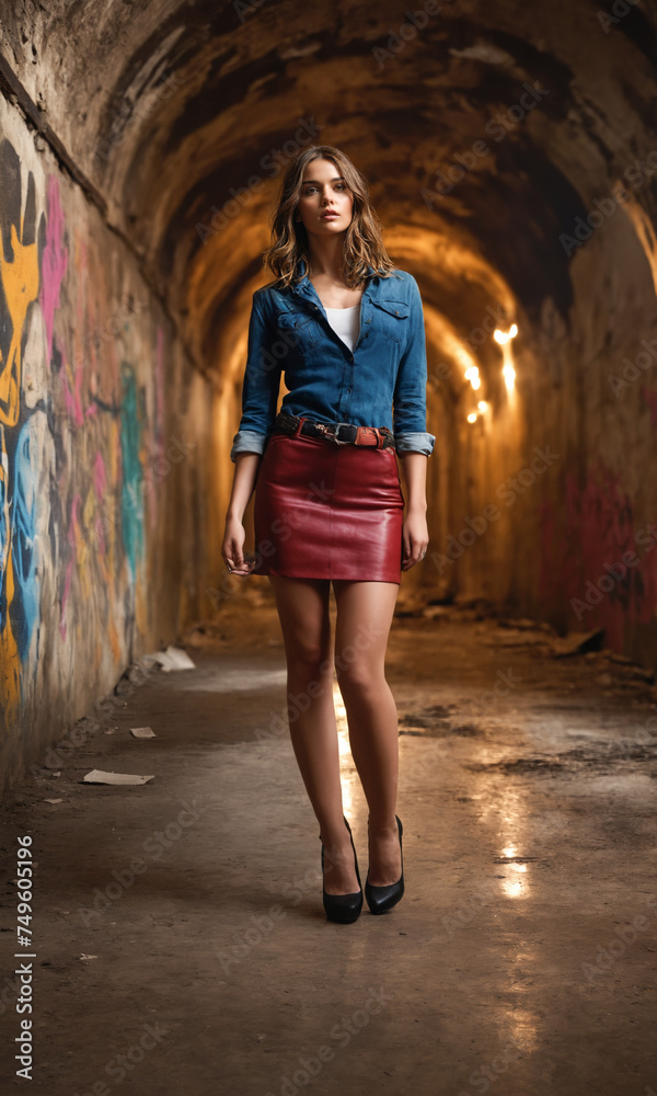 A woman strides confidently through a graffiti-laden corridor, her leather attire contrasting with the dilapidated surroundings