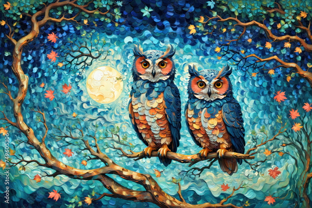 A captivating owl with bright eyes sits calmly on a branch amid a whimsical twilight forest painted with rich, dynamic hues and swirling patterns A captivating owl with bright eyes sits calmly on a branch amid a whimsical twilight forest painted with rich, dynamic hues and swirling patterns