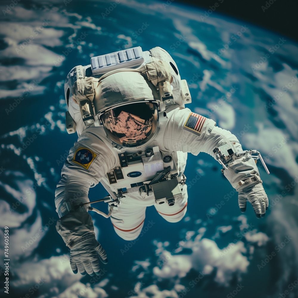 Astronaut Floating in Space with Earth in the Background - obrazy, fototapety, plakaty 