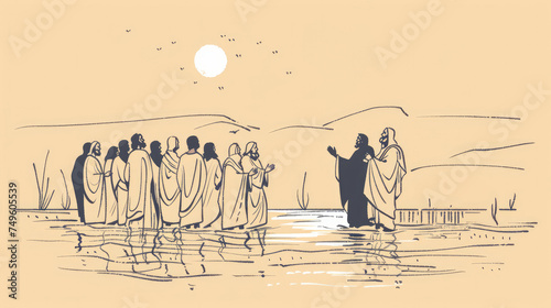 Jesus preaching in Galilee and gathering his disciples. Life of Jesus. Digital illustration. 
