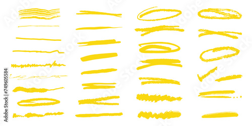 Crayon yellow brush stroke underline set. Grunge creative text decoration. Chalk pen highlight stroke. Vector illustration for banner, web site, poster photo