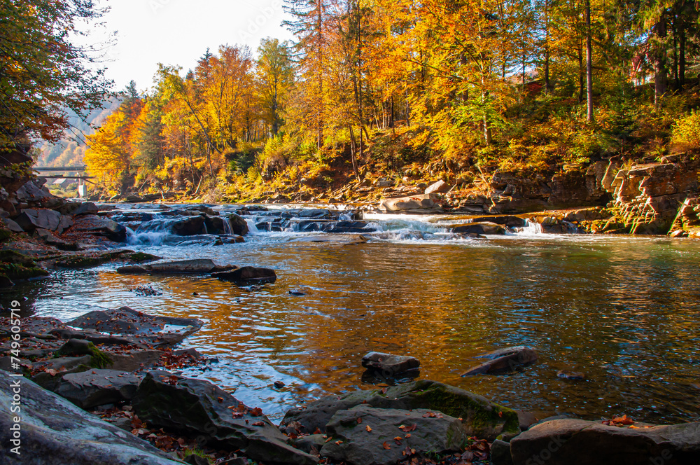 Stones on the bank of a mountain river against the background of autumn trees Stones on the bank of a mountain river against the background of autumn trees