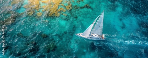Aerial view of boat sailing on electric blue water