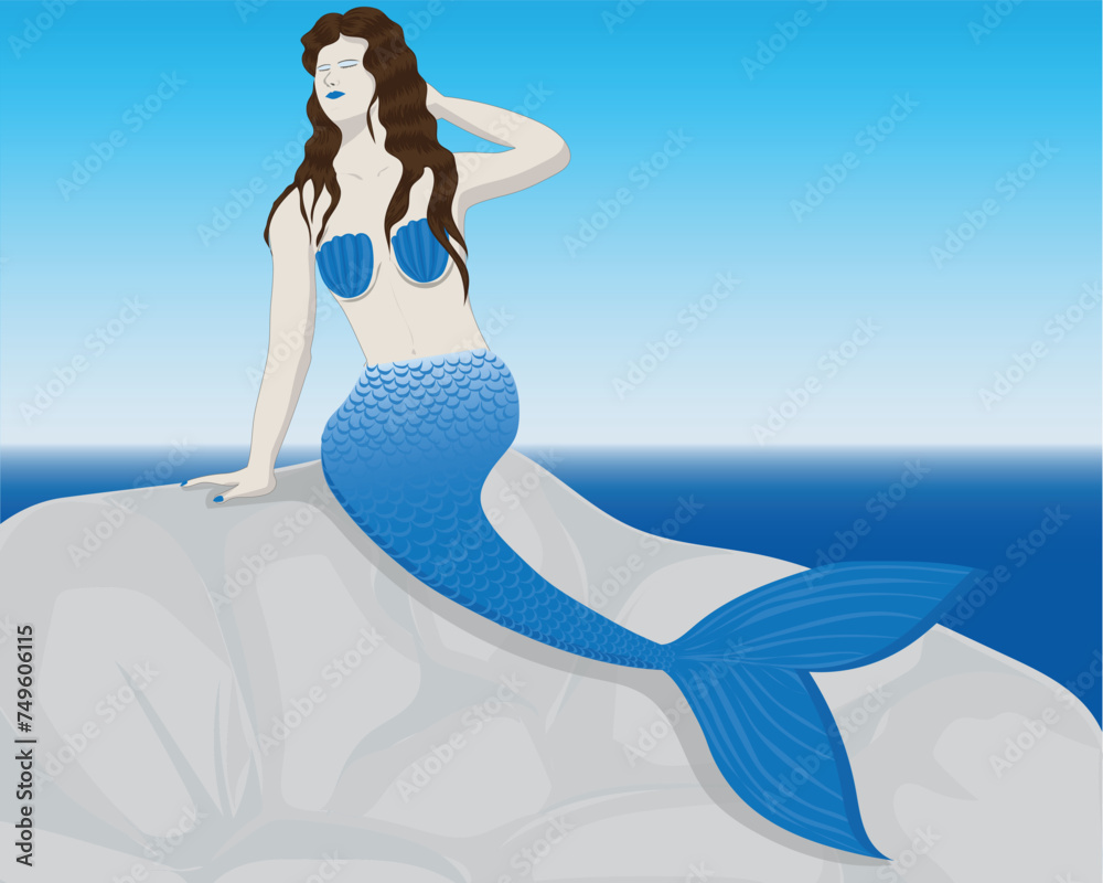 vector design illustration of a cartoon mermaid human in the form of a sexy woman with tail that looks like a blue fish and half of her body like a woman sitting on a rock with a view of the blue sky vector design illustration of a cartoon mermaid human in the form of a sexy woman with tail that looks like a blue fish and half of her body like a woman sitting on a rock with a view of the blue sky