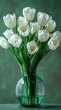 White tulips in green glass vase on green background , generated with AI