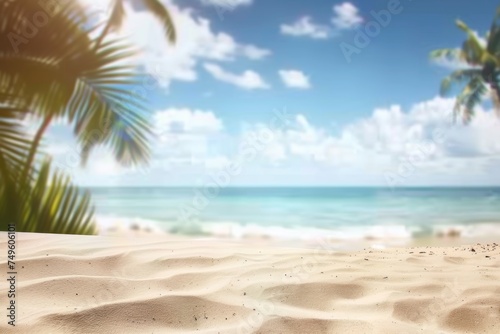 Summer exotic sandy beach with blur palms and sea on background, generated with AI