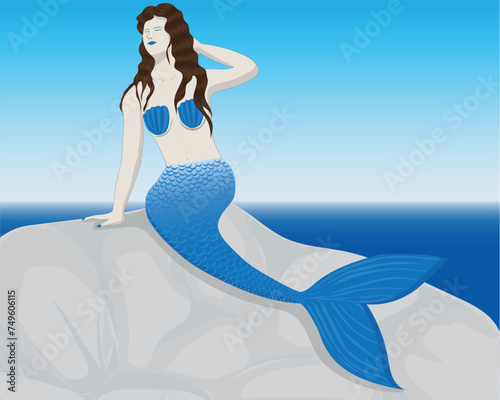 vector design illustration of a cartoon mermaid human in the form of a sexy woman with tail that looks like a blue fish and half of her body like a woman sitting on a rock with a view of the blue sky