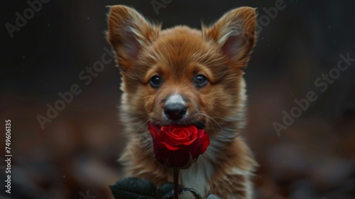 Realistic photo of a corgi puppy holding a red rose in his mouth, dark background, generated with AI