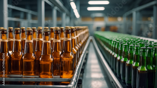 glass beer bottles on a conveyor belt manufacture
