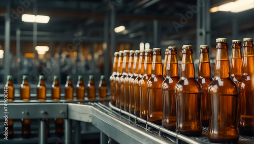 glass beer bottles on a conveyor belt pasteurization