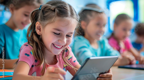 Joyful girls laughing while using a tablet for interactive learning in a classroom. Happy children experiencing fun and education together.