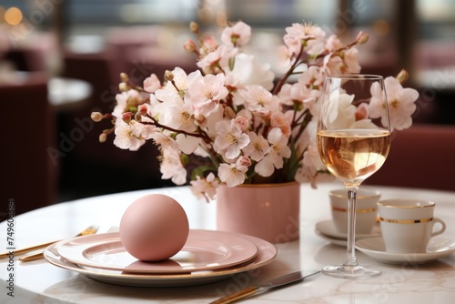 Easter modern table setting with egg, spring blossom flowers at the cafe. Close up. Happy Easter celebration. Festive dinner.