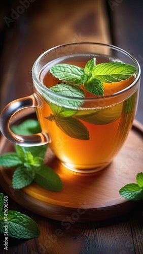 Soothing cup of tea with fresh mint leaves, placed elegantly on rustic wooden table, invoking sense of calm and relaxation. Cup of tea infused with lemon and aromatic mint leaves, blend of flavors.