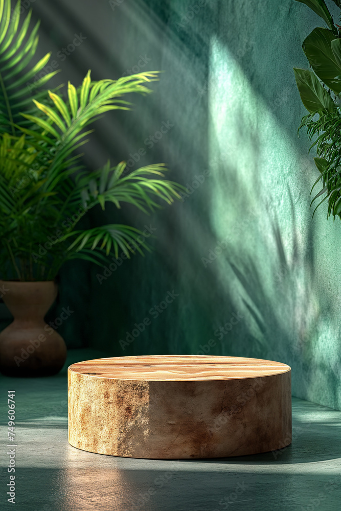 Product podium, display, pedestal with green wall for advertising Product podium, display, pedestal with green wall for advertising