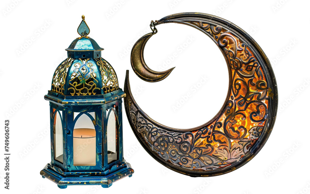 Obraz premium Crescent Moon and Lantern Composition Isolated on Transparent Background PNG.