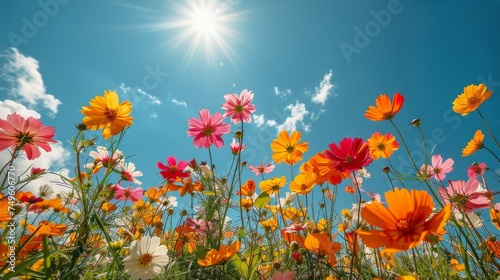 Field of Colorful Flowers Under Blue Sky