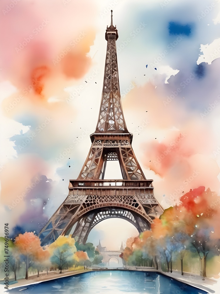 Eiffel Tower fantasy landscape in a cute watercolor painting