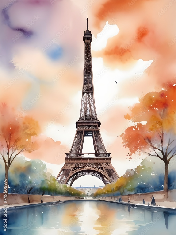 Eiffel Tower fantasy landscape in a cute watercolor painting
