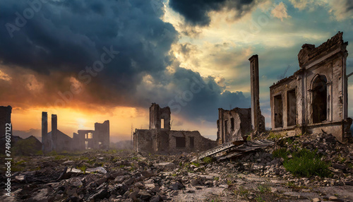 Post apocalyptic ruined city scape. Abandoned town with old broken buildings © hardvicore