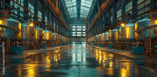 Industrial building with a central water pool, symmetry and glass fixtures