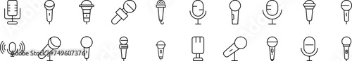 Collection of thin signs of microphone. Editable stroke. Simple linear illustration for stores, shops, banners, design