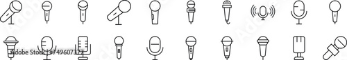 Pack of linear symbols of microphone. Editable stroke. Linear symbol for web sites, newspapers, articles book