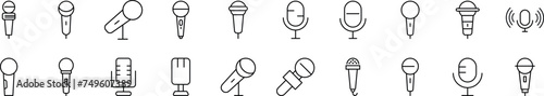 Collection of thin line icons of microphone. Editable stroke. Simple linear illustration for web sites, newspapers, articles book